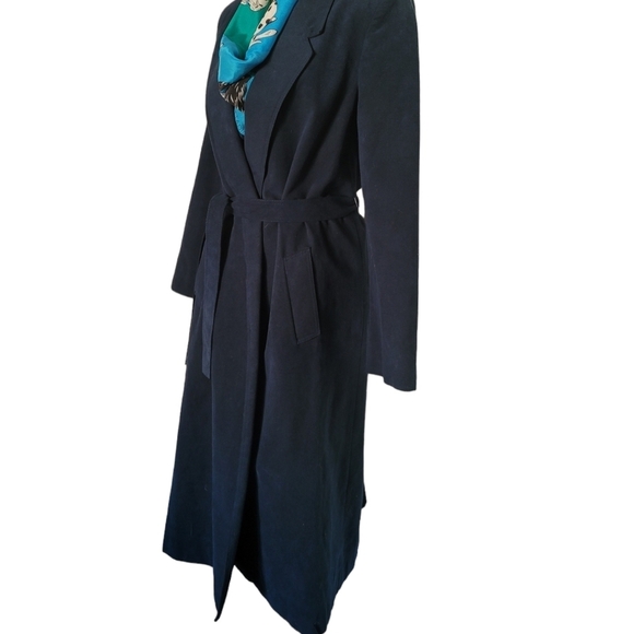 Vintage Lilli Ann Blue Ultra Suede Open Front Tie Waist Midi Coat Union Label - Picture 3 of 5